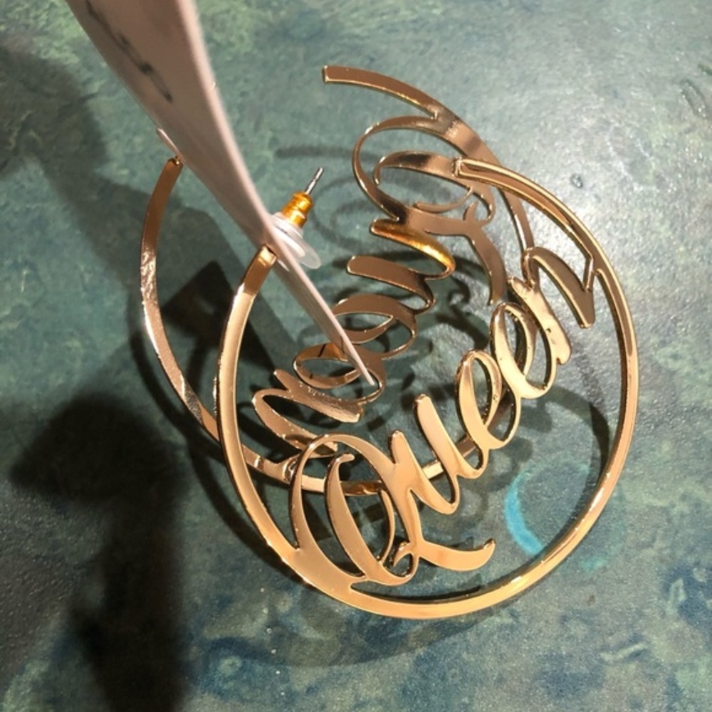 Aldo gold plated ‘Queen’ monogram‎ semi hoop circle earrings brand new
